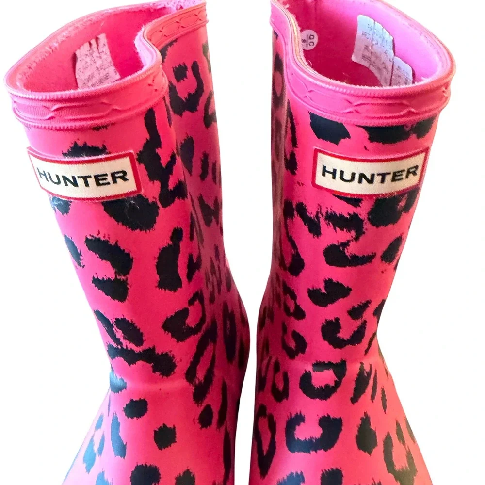 Hunter First Classic Rain Boots Kids Girls 4 Pink Leopard Hybrid Print Adventure